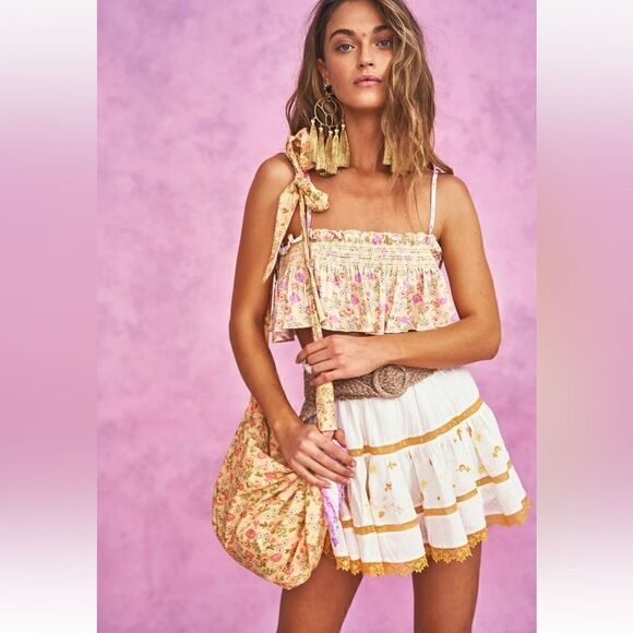 NWT LoveShackFancy Jennings Mini Skirt in Antique White Yellow XS Cover Up $295 - Picture 1 of 13